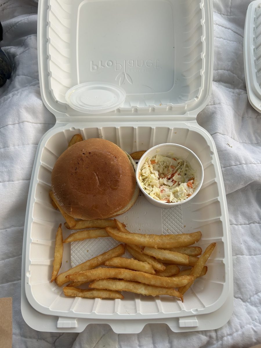 Un repas pour emporter dans sa boîte compostable : hamburger, frites et salade de chou.